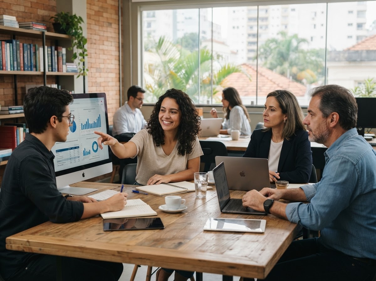 Clara Contália: equipe analisando painéis de dados financeiros em um ambiente de trabalho